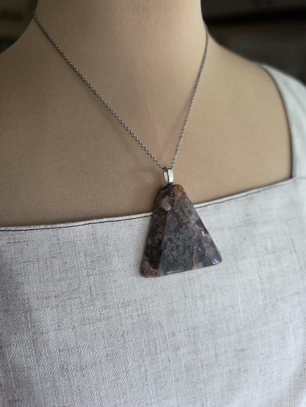 Large Natural Moss Agate Statement Pendant Necklace 18" Silver Chain Crystal - Picture 2 of 10